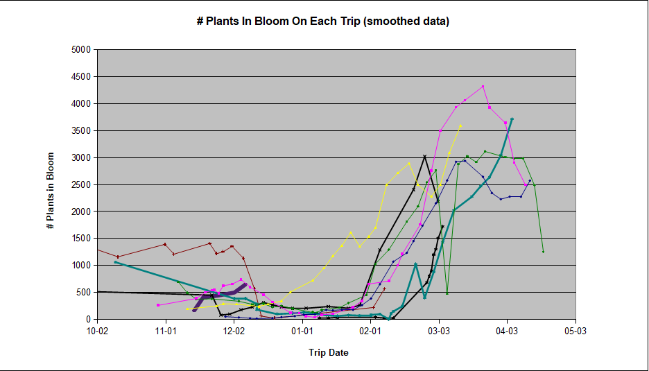 Graph showing the number of individual plants found in bloom on each trip 