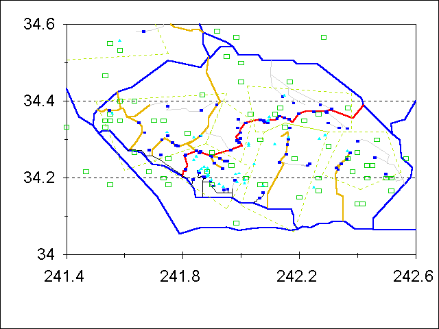 map showing trailheads, roads, waterfalls and airplane crash sites in SGM without labels