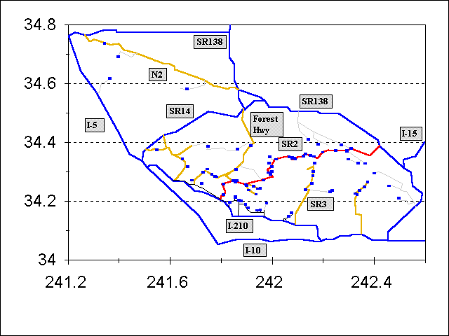 map showing trailheads and roads in SGM with labels