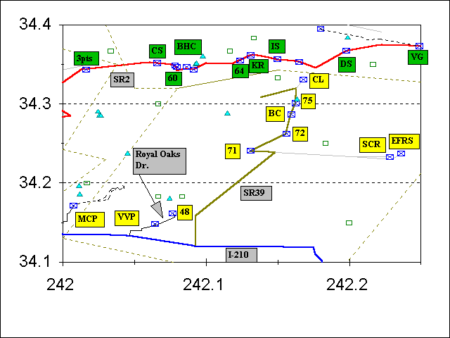 map showing hikes in San Gabriel River region of SGM