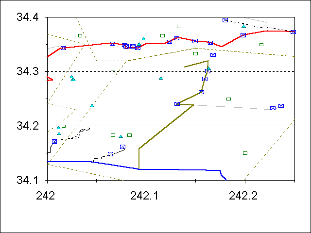 map showing hikes in San Gabriel River region of SGM